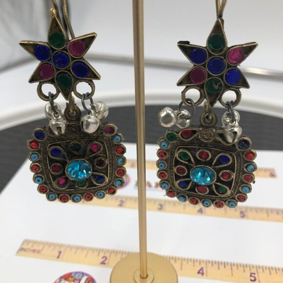 Afghan Oversized Dangle Earrings With Multicolor Glass Stones, Afghan Earrings - Picture 2 of 9